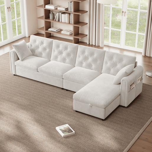 Sofá moderno de veludo 281x86x71 cm - Espaço de arrumação no canto, braços com bolsos - Bege