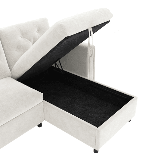 Sofá moderno de veludo 281x86x71 cm - Espaço de arrumação no canto, braços com bolsos - Bege