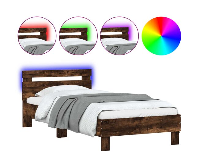 Estructura de cama individual para adultos - cabecero luces led roble ahumado 90x190 cm