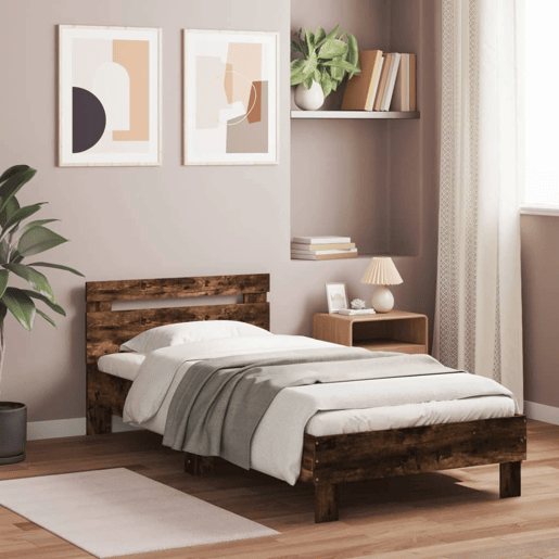 Estrutura de cama de solteiro moderno c cabeceiraluzes LED 90x190 cm carvalho fumado