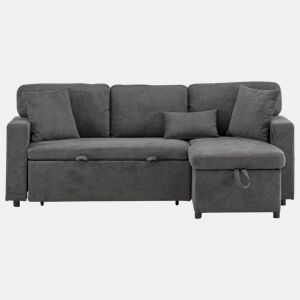 Sofá de canto L - Cama extensível com baú e prateleira integrada - Cinza escuro