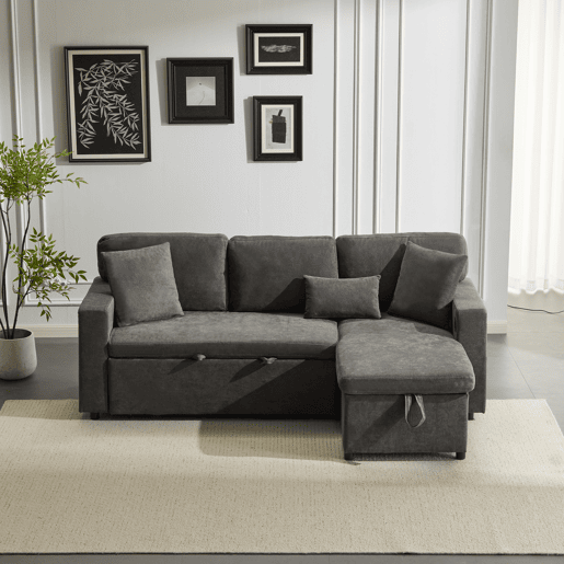 Sofá de canto L - Cama extensível com baú e prateleira integrada - Cinza escuro