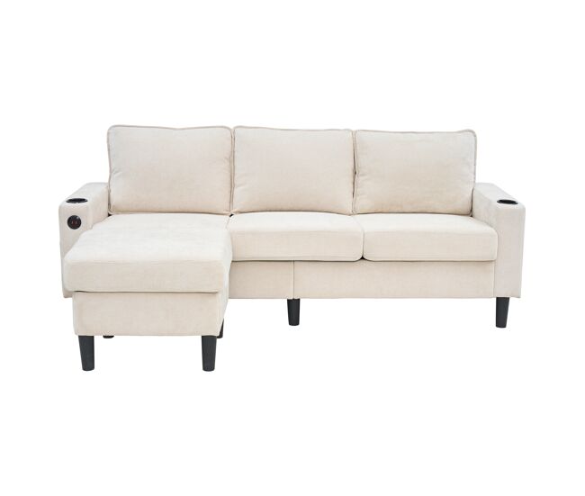 Sofá tapizado 3 plazas - con puertos usb y tipo c, 2 portavasos, sofá cama en forma de l - beige