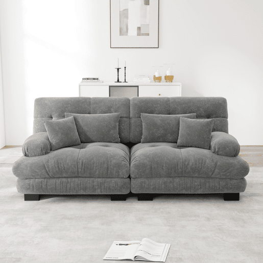 Sofá Cloud 2 lugares - Chenille com 2 almofadas lombares e 2 almofadas decorativas - Cinza