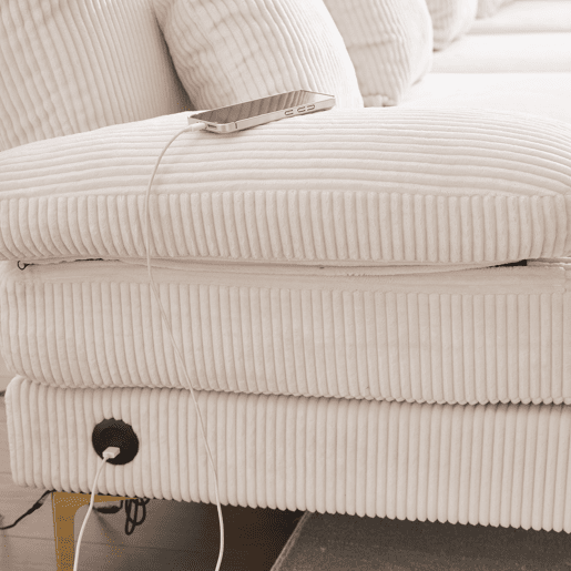 Sofá modular em U - LED ambiente e porta USB-C, estrutura em madeira maciça, 4 almofadas luxuosas - Bege