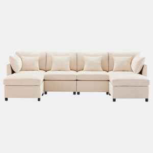 Sofá modular de 6 lugares - em forma de L, com apoio para os pés removível - Bege