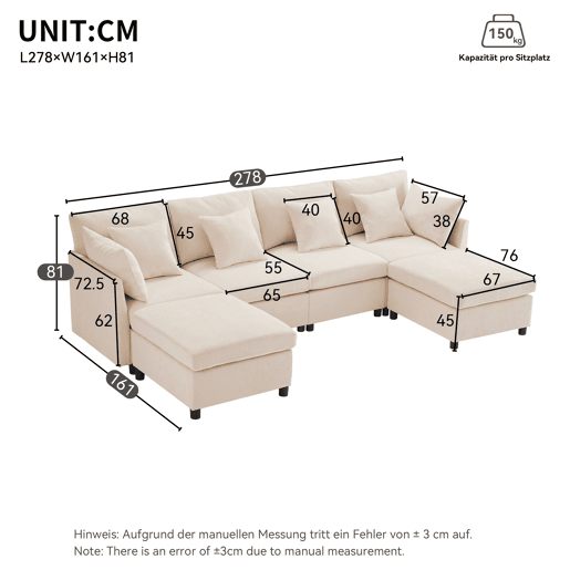 Sofá modular de 6 lugares - em forma de L, com apoio para os pés removível - Bege