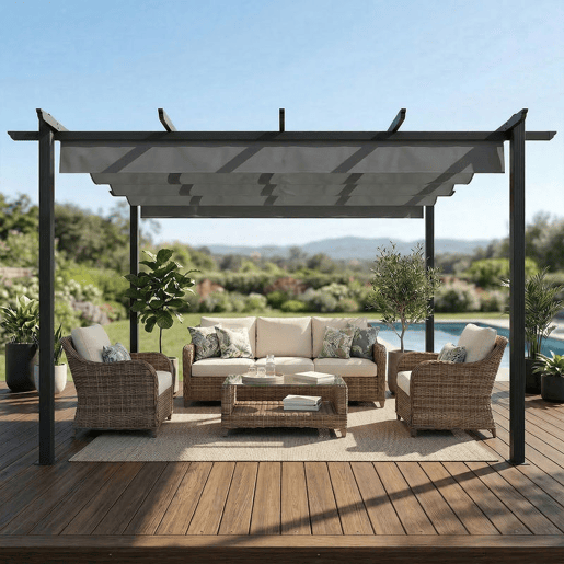 Outsunny Pérgola de Jardim 4x3 m com Telhado Retrátil Pérgola de Exterior com Estrutura de Alumínio UPF30+ Orifícios de Drenagem Ideal para Exterior Terraço Cinza