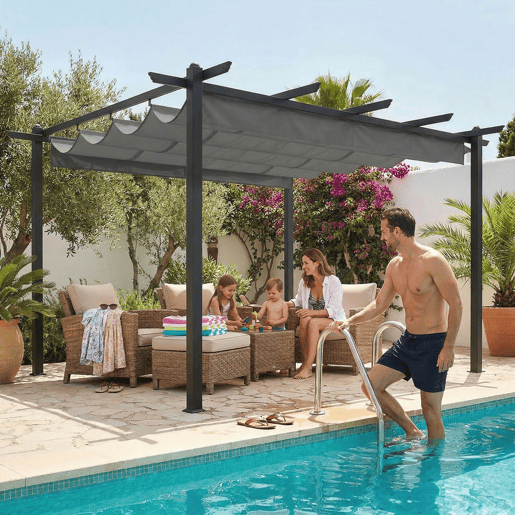Outsunny Pérgola de Jardim 4x3 m com Telhado Retrátil Pérgola de Exterior com Estrutura de Alumínio UPF30+ Orifícios de Drenagem Ideal para Exterior Terraço Cinza