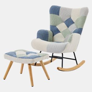 Poltrona Relax com apoio para os pés - Poltrona moderna em tecido - Patchwork Houndstooth - Bege+Azul