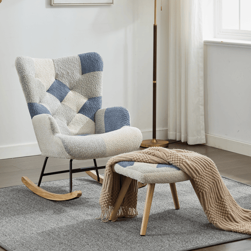 Poltrona Relax com apoio para os pés - Poltrona moderna em tecido - Patchwork Houndstooth - Bege+Azul