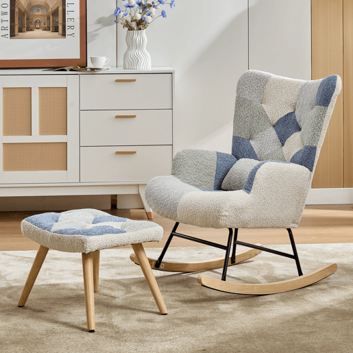 Poltrona Relax com apoio para os pés - Poltrona moderna em tecido - Patchwork Houndstooth - Bege+Azul