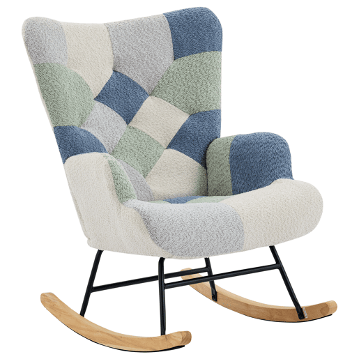 Poltrona Relax com apoio para os pés - Poltrona moderna em tecido - Patchwork Houndstooth - Bege+Azul