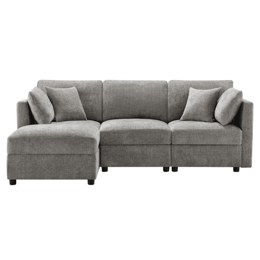 Sofá de canto L 4 lugares - Convertível em cama, 4 almofadas, apoios de braços ajustáveis - Cinza Sofá de canto L 4 lugares - Convertível em cama, 4 almofadas, apoios de braços ajustáveis - Cinza