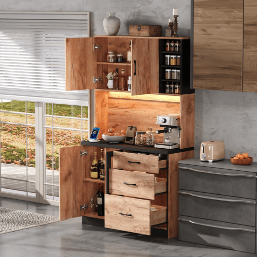 Armário alto de cozinha 105 x 40 x 180 cm - moderno, com iluminação LED, prateleiras ajustáveis, tomada Euro - preto e madeira