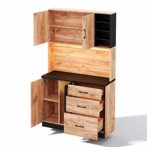 Armário alto de cozinha 105 x 40 x 180 cm - moderno, com iluminação LED, prateleiras ajustáveis, tomada Euro - preto e madeira