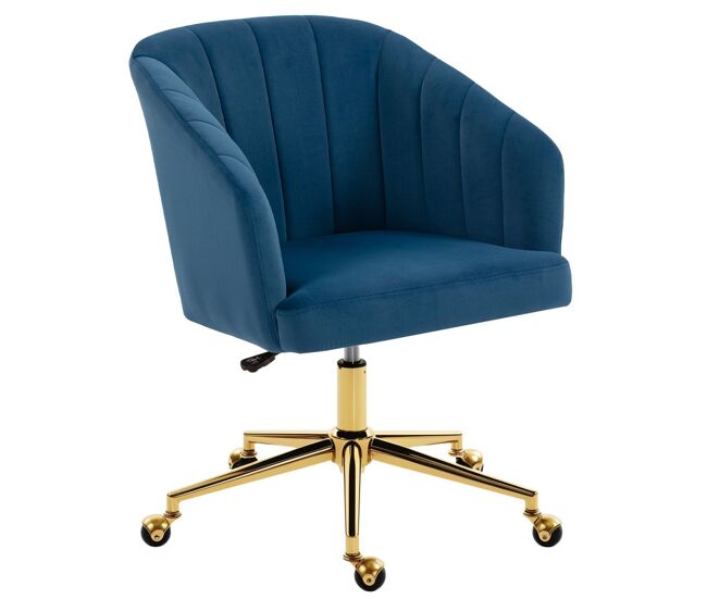 Homcom silla de oficina con ruedas, silla de escritorio de terciopelo con respaldo acolchado con costuras, asiento ancho, altura ajustable, espuma de alta resiliencia, para casa, oficina, azul