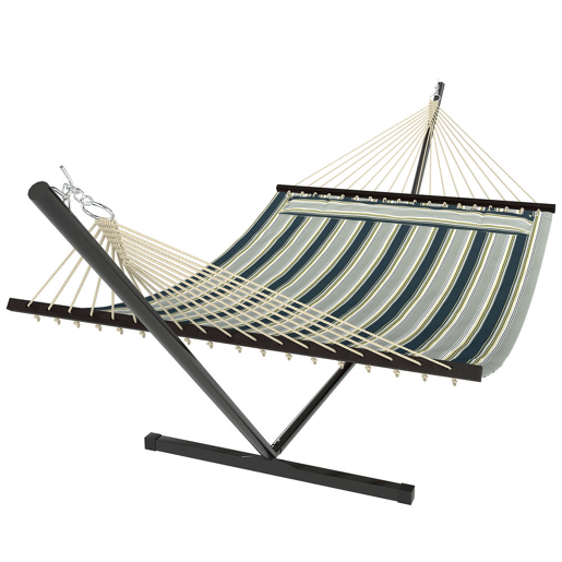 Outsunny Cama Rede com Suporte Cama Rede de Jardim Portátil com Almofada Removível, Barras Estabilizadoras Estrutura de Aço Carga Máxima 120 kg Design com Riscos 353x94x115 cm Verde