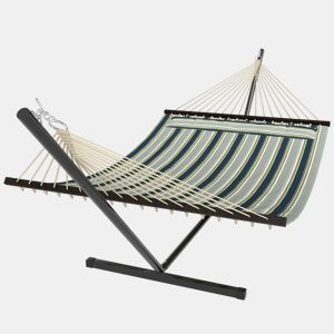Outsunny Cama Rede com Suporte Cama Rede de Jardim Portátil com Almofada Removível, Barras Estabilizadoras Estrutura de Aço Carga Máxima 120 kg Design com Riscos 353x94x115 cm Verde