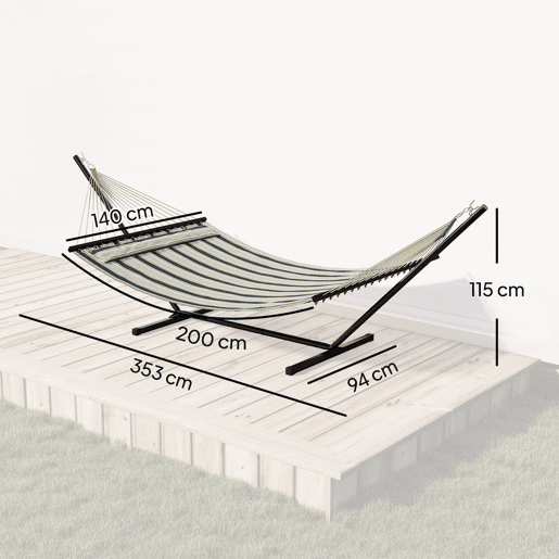Outsunny Cama Rede com Suporte Cama Rede de Jardim Portátil com Almofada Removível, Barras Estabilizadoras Estrutura de Aço Carga Máxima 120 kg Design com Riscos 353x94x115 cm Verde
