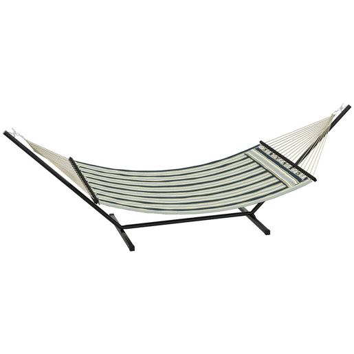 Outsunny Cama Rede com Suporte Cama Rede de Jardim Portátil com Almofada Removível, Barras Estabilizadoras Estrutura de Aço Carga Máxima 120 kg Design com Riscos 353x94x115 cm Verde