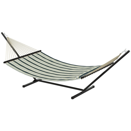 Outsunny Cama Rede com Suporte Cama Rede de Jardim Portátil com Almofada Removível, Barras Estabilizadoras Estrutura de Aço Carga Máxima 120 kg Design com Riscos 353x94x115 cm Verde