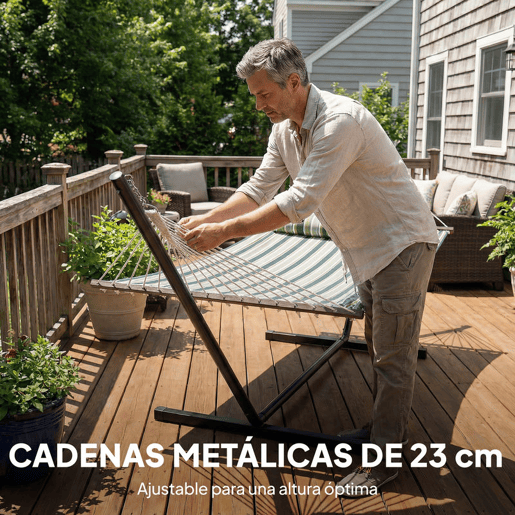 Outsunny Cama Rede com Suporte Cama Rede de Jardim Portátil com Almofada Removível, Barras Estabilizadoras Estrutura de Aço Carga Máxima 120 kg Design com Riscos 353x94x115 cm Verde