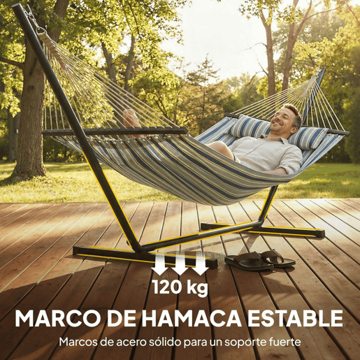 Outsunny Cama Rede com Suporte Cama Rede de Jardim Portátil com Almofada Removível, Barras Estabilizadoras Estrutura de Aço Carga Máxima 120 kg Design com Riscos 353x94x115 cm Verde