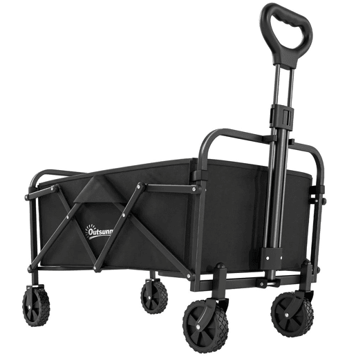Outsunny Carrinho de Praia com Rodas, Carrinho de Jardim Dobrável com Cabo Ajustável, Estrutura de Metal, Carga 68 kg, Carrinho de Transporte para Todo Terreno, Jardim, Camping, Preto