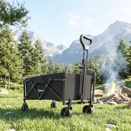 Outsunny Carrinho de Praia com Rodas, Carrinho de Jardim Dobrável com Cabo Ajustável, Estrutura de Metal, Carga 68 kg, Carrinho de Transporte para Todo Terreno, Jardim, Camping, Preto