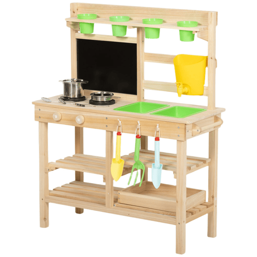 AIYAPLAY Cozinha de Brincar Exterior Cozinha Infantil de Madeira com Vasos Lavatório Torneira Utensílios de Aço Inoxidável Quadro-Negro Prateleiras Ganchos Brinquedos para Crianças 3-6 Anos Madeira