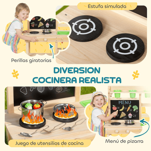 AIYAPLAY Cozinha de Brincar Exterior Cozinha Infantil de Madeira com Vasos Lavatório Torneira Utensílios de Aço Inoxidável Quadro-Negro Prateleiras Ganchos Brinquedos para Crianças 3-6 Anos Madeira