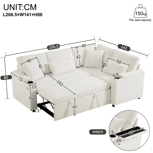 Sofá de canto extensível de 4 lugares - Conversível com arrumação, porta-copos, USB, apoio de braços e 4 almofadas - Bege