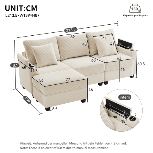 Sofá de canto convertível para 4 pessoas - apoios de braços, apoio para os pés, USB, 2 almofadas - Bege