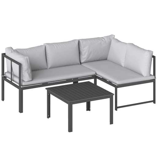 Outsunny Conjunto de Móveis de Jardim Exterior de 3 Peças, Sofás de 2 Lugares com Reposabráços Ajustáveis e Mesa de Centro, Cinzento