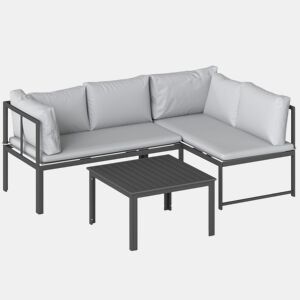 Outsunny Conjunto de Móveis de Jardim Exterior de 3 Peças, Sofás de 2 Lugares com Reposabráços Ajustáveis e Mesa de Centro, Cinzento
