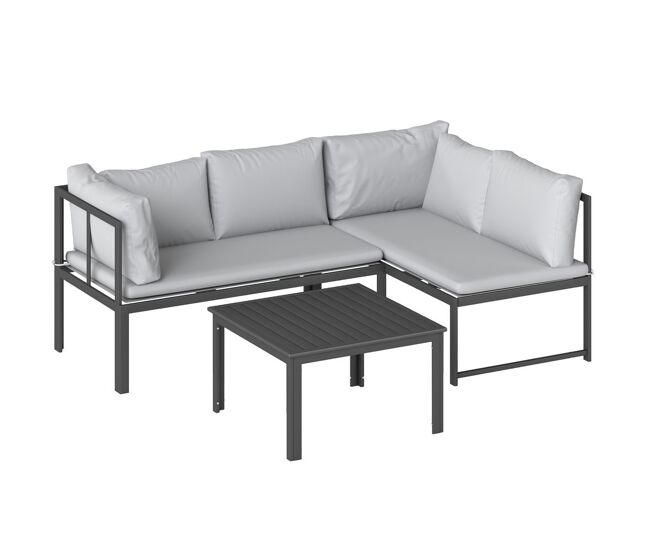 Outsunny conjunto de muebles jardín exterior de 3 piezas, sofá exterior seccional resistente forma de l con cojines, 2 sofás de 2 plazas, reposabrazos ajustables y mesa centro de listones, gris