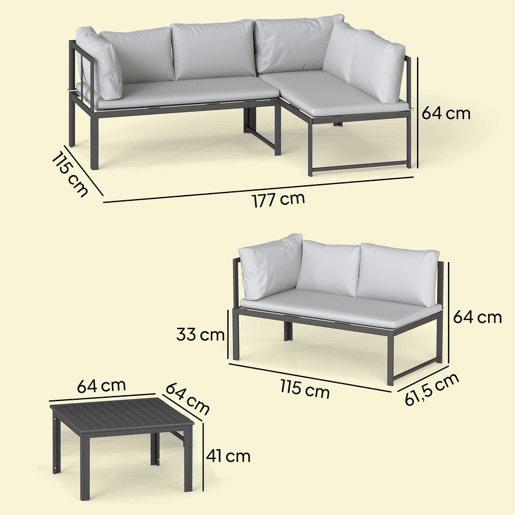 Outsunny Conjunto de Móveis de Jardim Exterior de 3 Peças, Sofás de 2 Lugares com Reposabráços Ajustáveis e Mesa de Centro, Cinzento