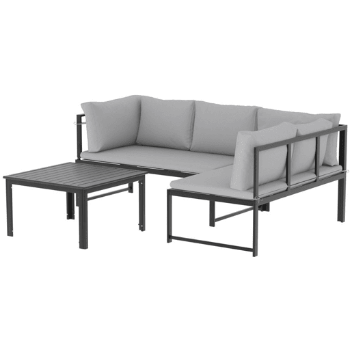 Outsunny Conjunto de Móveis de Jardim Exterior de 3 Peças, Sofás de 2 Lugares com Reposabráços Ajustáveis e Mesa de Centro, Cinzento