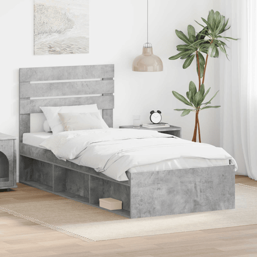 Estrutura de cama de solteiro para adultos com Cabeceira - Cinza Concreto 100 x 200 cm