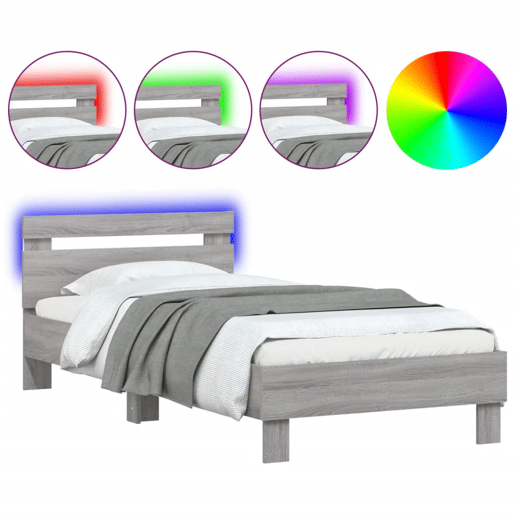 Estrutura de cama de solteiro moderno c cabeceiraluzes LED 90x190 cm cinza sonoma
