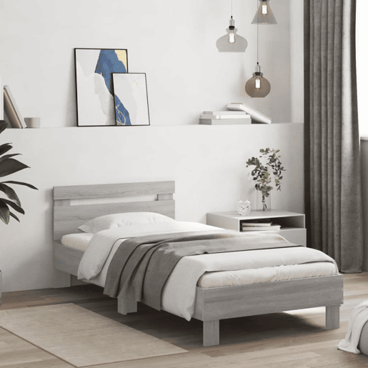 Estrutura de cama de solteiro moderno c cabeceiraluzes LED 90x190 cm cinza sonoma