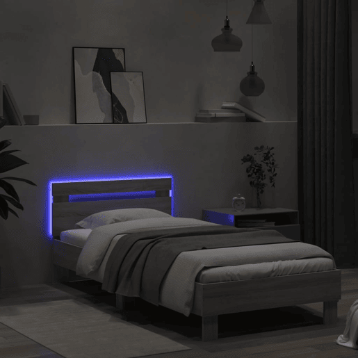 Estrutura de cama de solteiro moderno c cabeceiraluzes LED 90x190 cm cinza sonoma