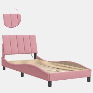 Estrutura de cama de solteiro para adultos com LED 90x200 cm veludo rosa