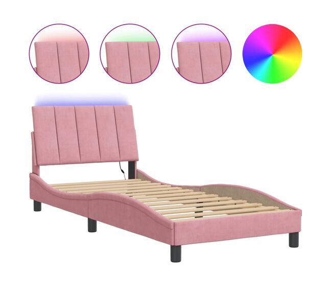 Estructura de cama individual para adultos con led terciopelo rosa 90x200 cm