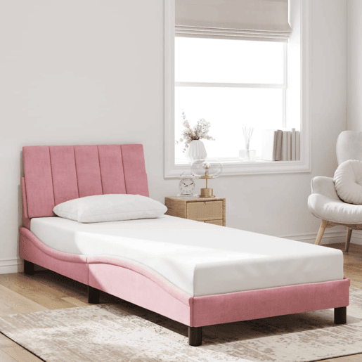 Estrutura de cama de solteiro para adultos com LED 90x200 cm veludo rosa