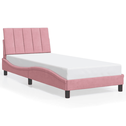 Estrutura de cama de solteiro para adultos com LED 90x200 cm veludo rosa