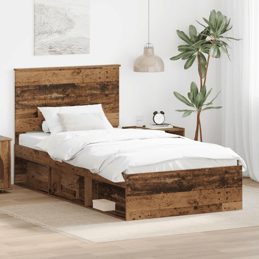 Estrutura de cama de solteiro para adultos com Cabeceira - Madeira antiga 100 x 200 cm