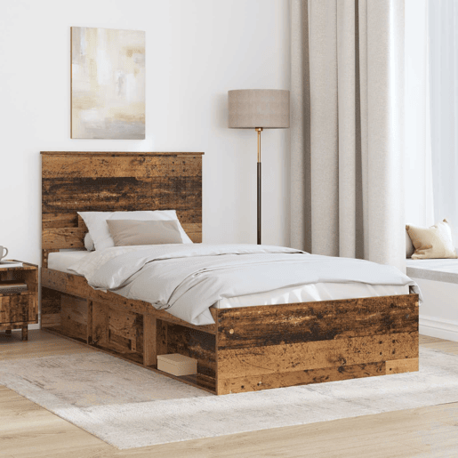 Estrutura de cama de solteiro para adultos com Cabeceira - Madeira antiga 100 x 200 cm