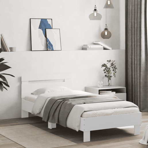 Estrutura de cama de solteiro para adultos c cabeceira e luzes LED 90x190 cm branco
